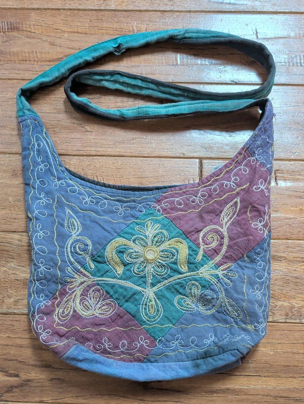Ganesh Himal Vintage Embroidered Patchwork Crossbody Bag in Teal, Purple & Blue